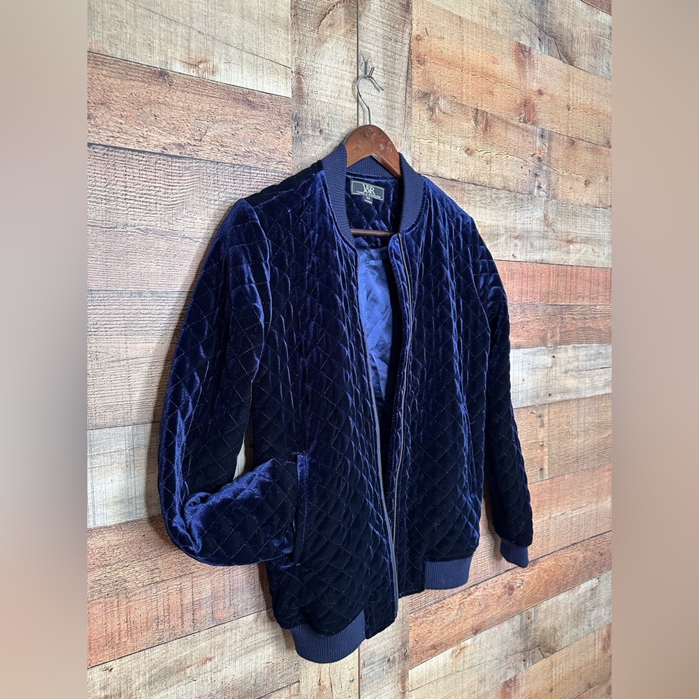 Sapphire Blue Velvet Quilted Bomber Jacket XS